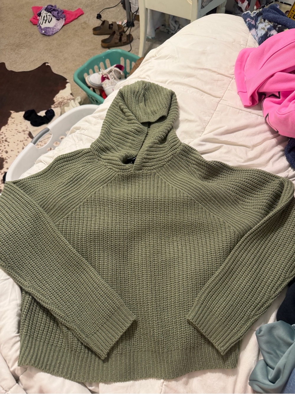 Olive Green Hooded Knit cropped Sweater - Women